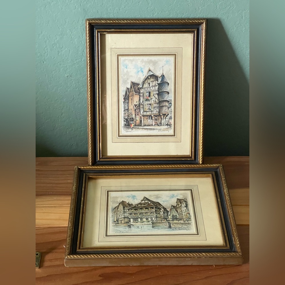 Two framed vintage architectural prints France Strasbourg And Troyes 8.5x10.75”